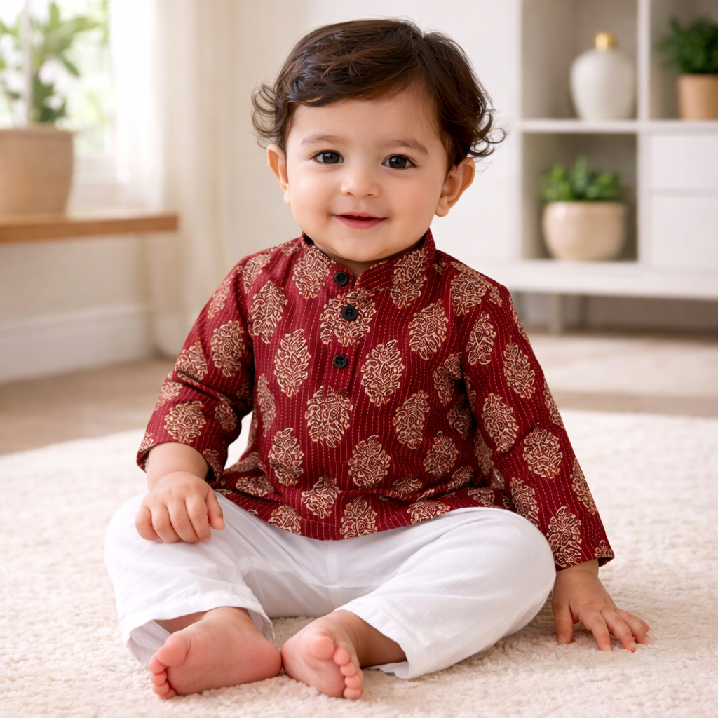 Maroon Kurta Pajama organic baby outfit - Ethnic Block print dress.