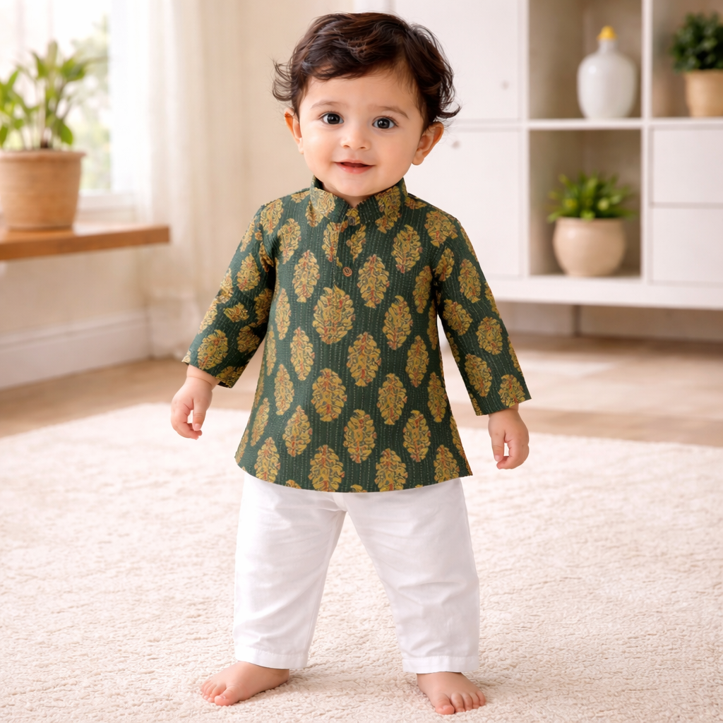 Block print Green Kurta Pajama set - baby boy Indian Wedding outfit.