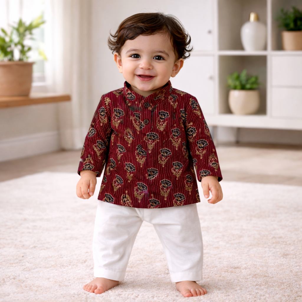 Organic baby Block print outfit Maroon Kurta Pajama Handmade dress.