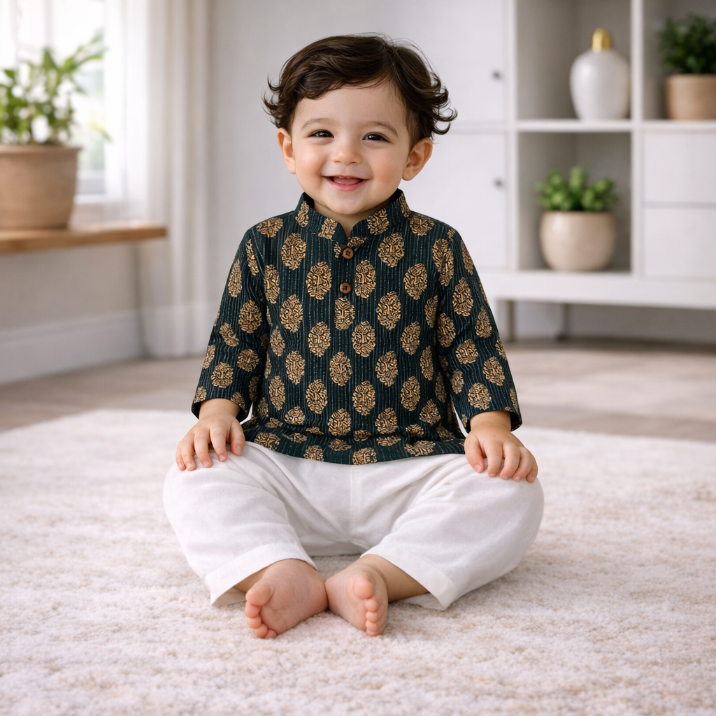 Cottin Kurta Pajama set - Gray traditional block print baby boy outfit.