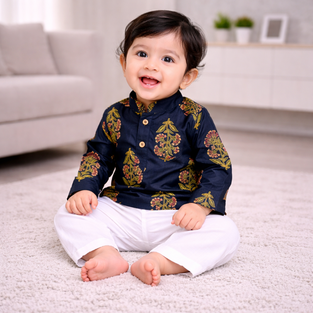 Indian block print toddler boy blue kurta pajama