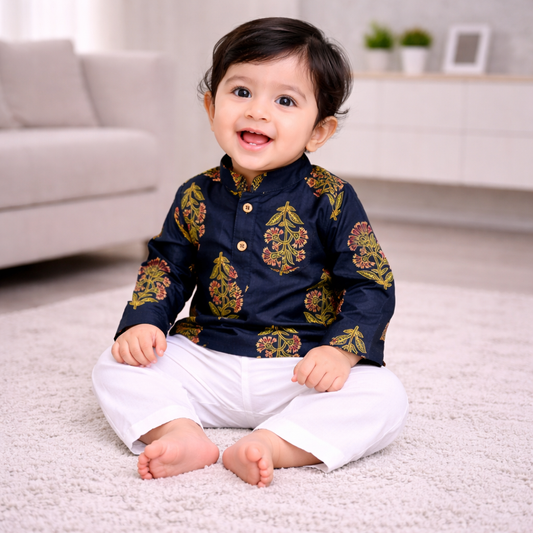 Indian block print toddler boy blue kurta pajama