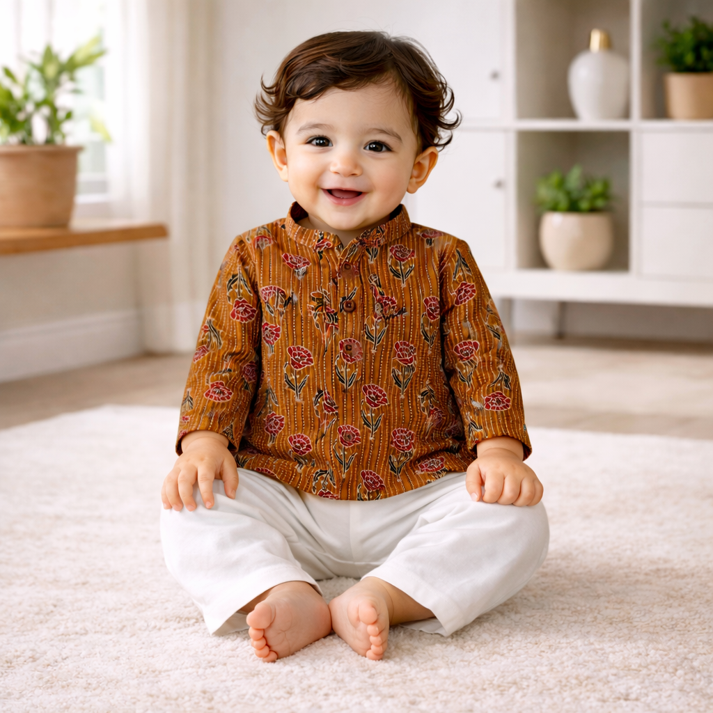 Cotton baby boy Indian Wedding outfit Mustard yellow Kurta Pajama set