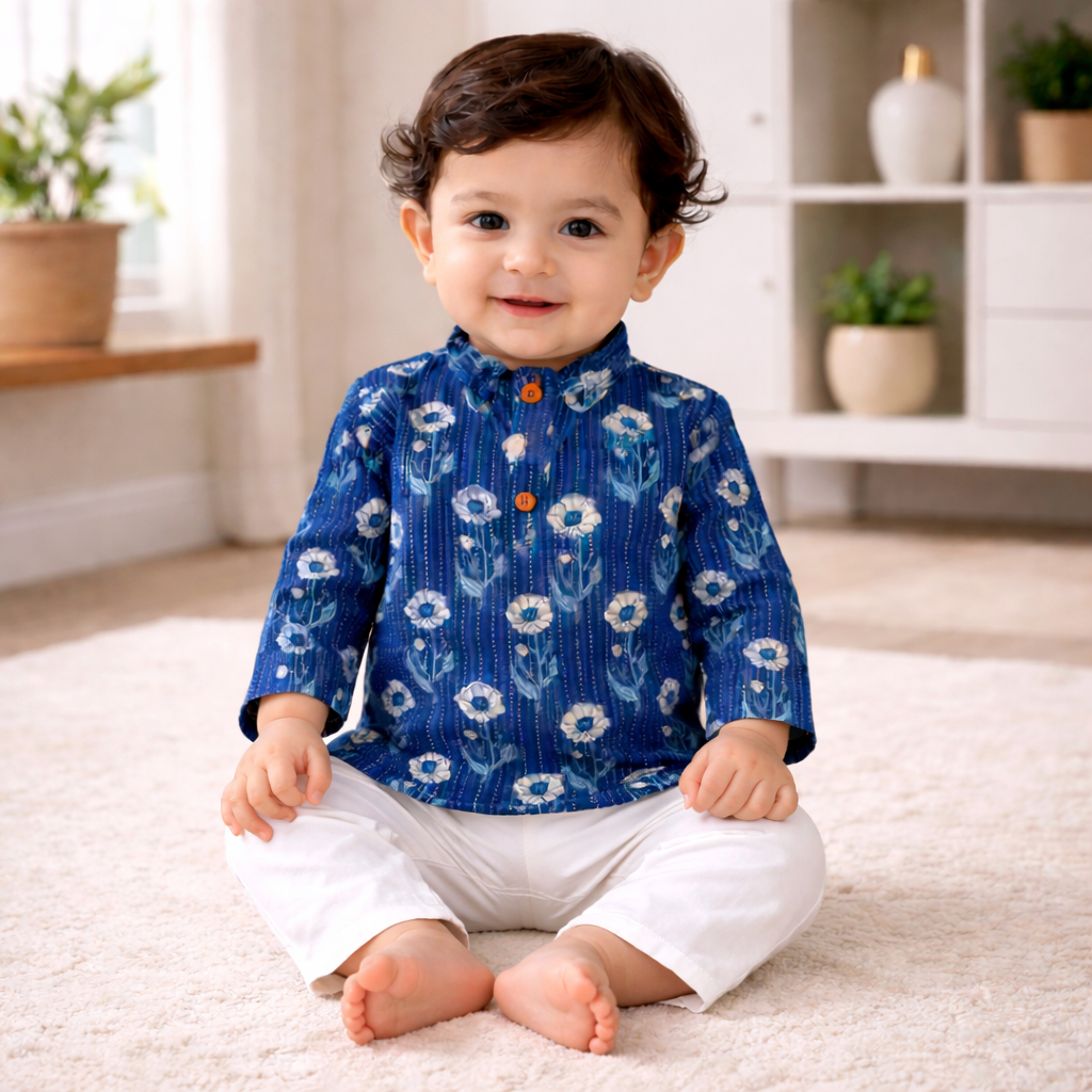 Ethnic Newborn baby dress Blue Kurta Pajama Kantha embroidered outfit.